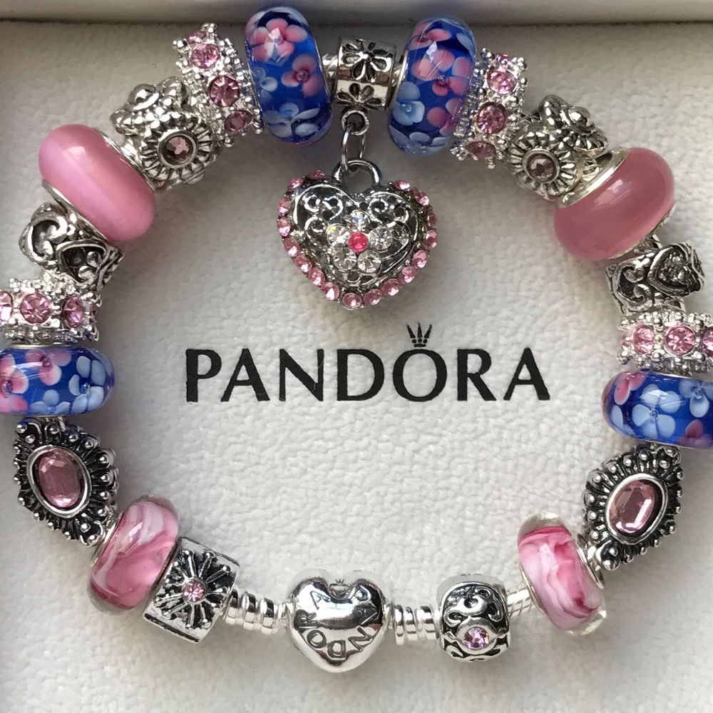 Authentic PANDORA Heart Clasp S925 Silver Bracelet with Murano Glass Beads 7.9"